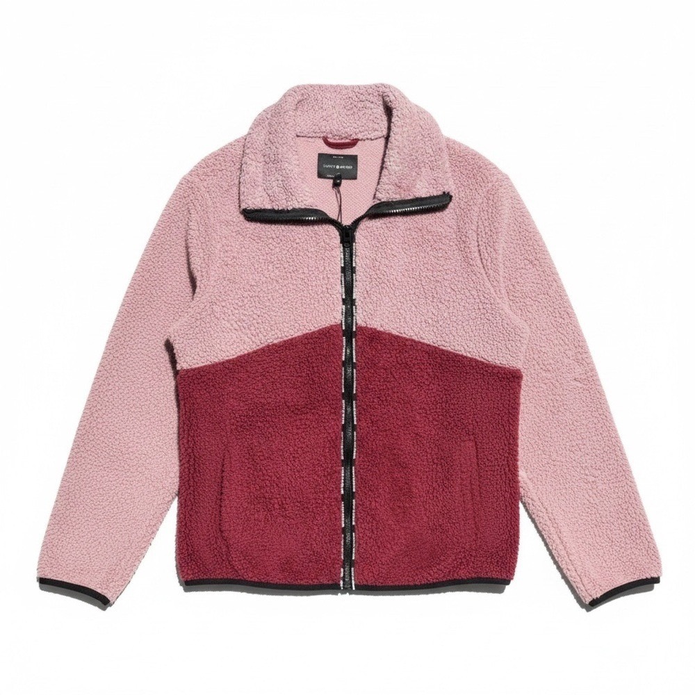 Lucky Brand Womens Faux Fur Fleece Jacket Wine Mauve Zip Up U521168B25 Large NWT